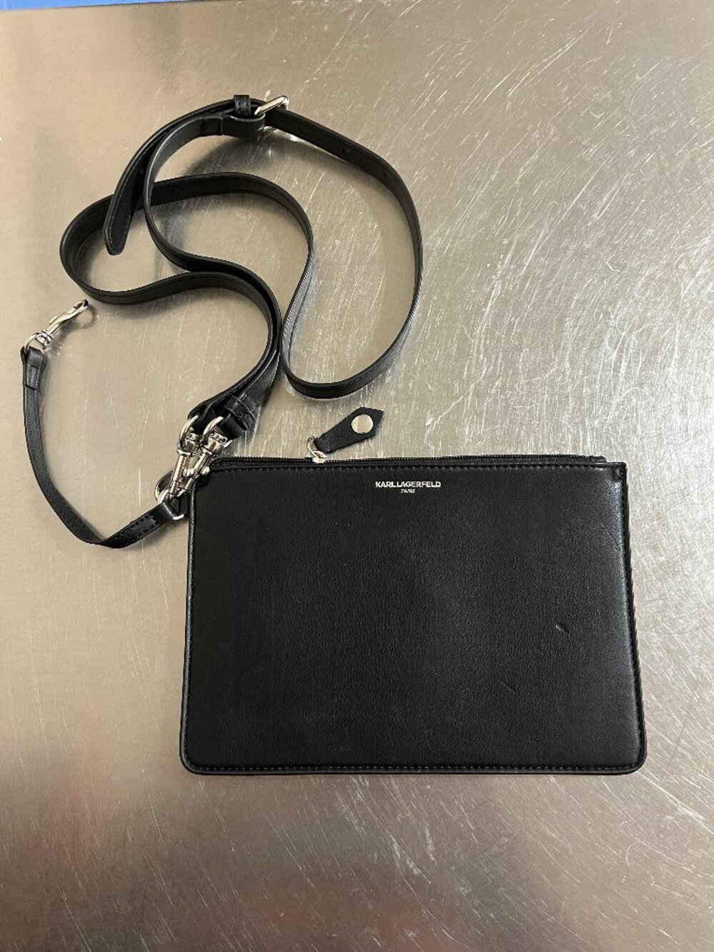 KARL LAGEFELD Paris Black Leather Wristlet Pouch